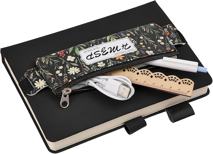 Adjustable Elastic PU Pen Holder for Notebook, Stationery School Supplies Zipper Bag for Journals, Book,Planners,Black Flower,2 PCS