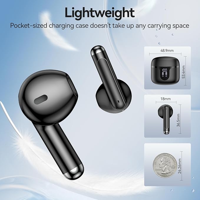 Wireless Earbuds, 2025 Bluetooth 5.3 Headphones HiFi Stereo 50H Playback Ear Buds with Led Digital Display, ENC Noise Cancelling Earbuds for Laptop Computer, iOS, Android, Black