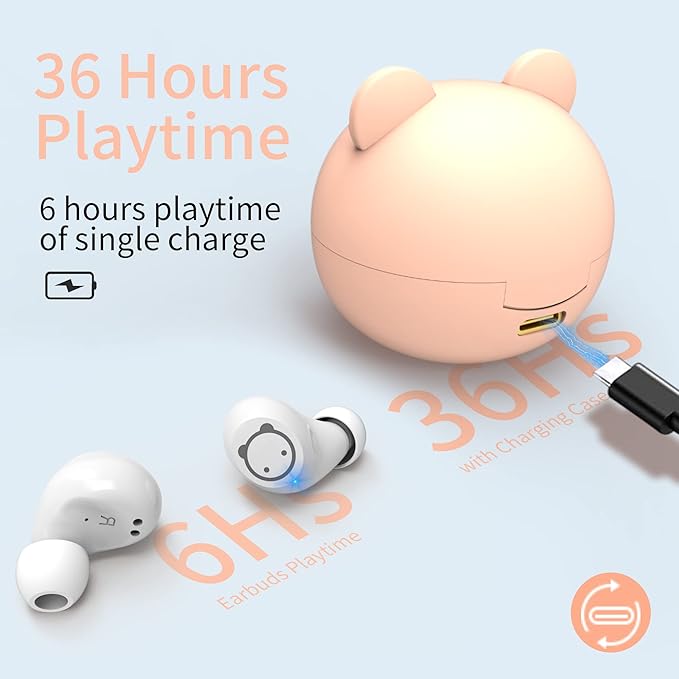 Pink Wireless Earbuds Girls Bluetooth 5.3 Built in Mic 36H Playtime IPX5 Waterproof Noise Reduction Kids Headpones LED Display USB-C Cordless Earbuds for Workout Sport