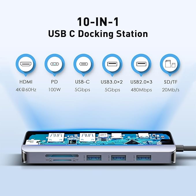 USB C Hub 10-in-1 with 4K HDMI Adapter, SD/TF Card Reader, 100W PD Charging, 2 USB 3.0 Ports, and 3 USB 2.0 Ports for MacBook Pro/Air, Dell XPS, Lenovo ThinkPad, etc.