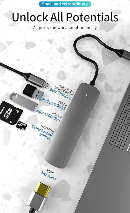 6-in-1 USB-C Hub with 4K@30Hz HDMI, Aluminum Alloy Shell - Multiport Adapter for MacBook, Laptop, and More