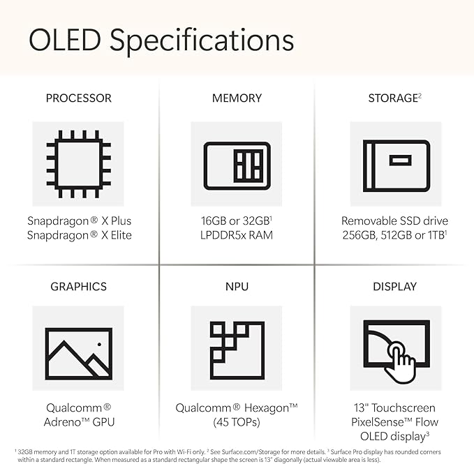 Microsoft Surface Pro 2-in-1 Laptop/Tablet (2024), 13" OLED Touchscreen Display, 16GB RAM, 512GB Storage | Windows 11 Copilot+ PC, Snapdragon X Elite (12 Core), Platinum