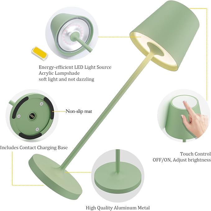 Ralbay IP54 Aluminum Cordless Rechargeable Table Lamp LED Modern Battery Operated 4800mAh Waterproof Portable Stepless Dimmable Desk Lamp for Restaurant/Bedroom/Camping/Outdoor (Green)