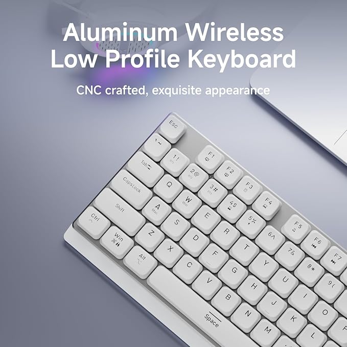 EWEADN MK100 Wireless Low Profile Mechanical Keyboard, Bluetooth/2.4GHz/USB-C Wired with White Backlight Quiet Mechanical Keyboards Wireless, Full-size keyboard for Game/Office, Windows, Mac, White