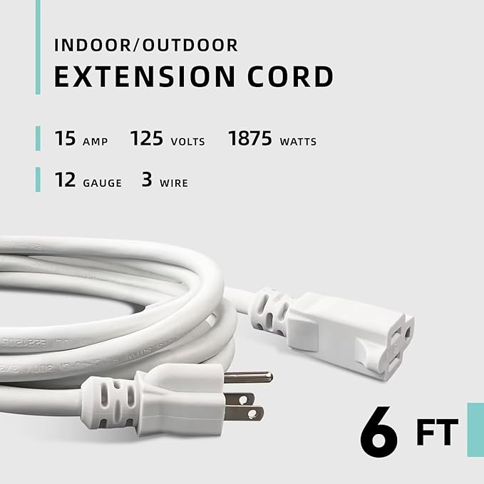 6ft Indoor Outdoor Extension Cord - 12/3 SJTW Heavy Duty Extension Cable with 3 Prong Grounded Plug for Safety -15Amp 1875W White Electric Cord Great for Garden, Appliances