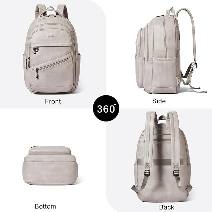 43L Backpack for Women Men - Vegan Leather Backpack Purse Travel Carry-on Bag College Bookbag Work fits 17" Laptop,Ash Gray Retro