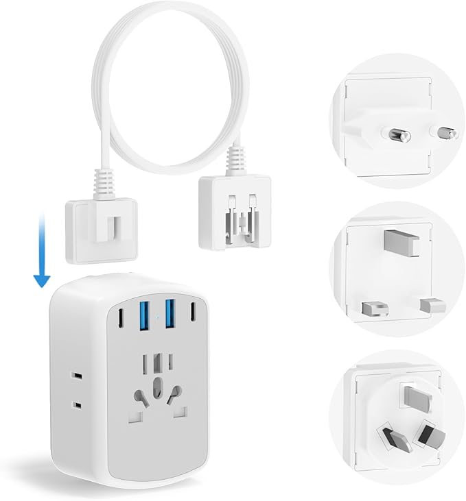 Universal Travel Adapter, Type A/C/G/I Plug Adapter, 5ft Detachable Extension Cord, 3 AC Outlets, 4 USB Ports (2 USB C), UK Europe Australia International Power Adapter
