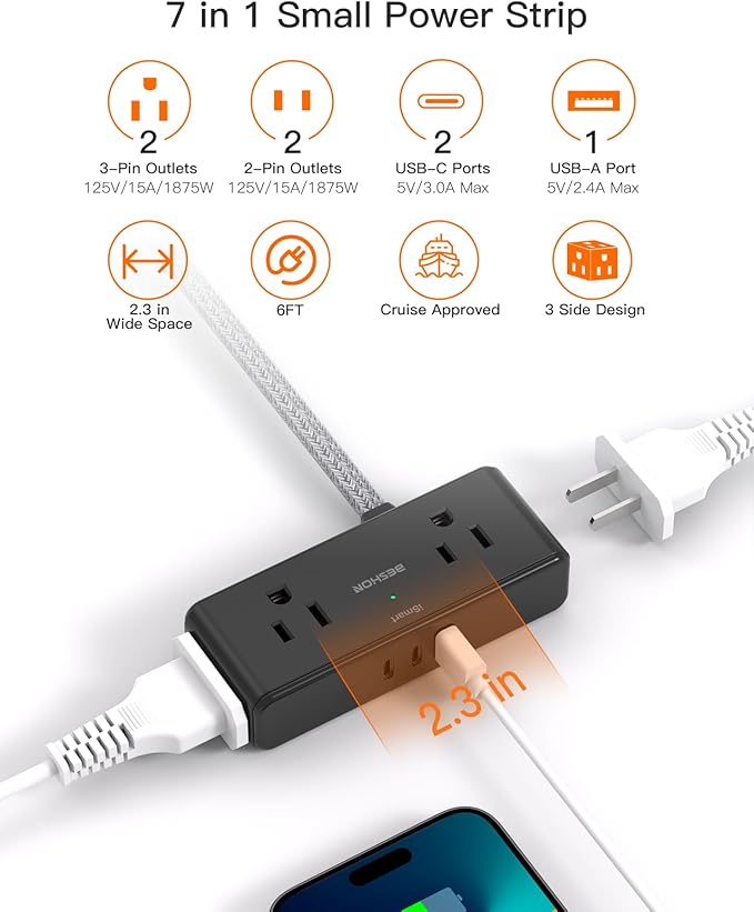Flat Extension Cord 6 feet, BESHON Flat Plug Power Strip, 4 Widely Outlets with 3 USB Ports (2 USB C), Extension Cord with Multiple Outlets for Home, Office, Dorm Room Essentials, Black