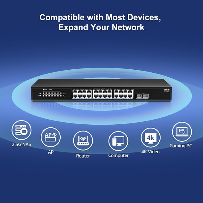 24 Port 2.5G Network Switch with 2x10G SFP, 24x 2.5G Base-T Ethernet Ports, Unmanaged Switch Compatible with 10/100/1000Mbps, 160Gbps Switching Capacity, Metal Housing, Fanless, 19-inch Rack Mount