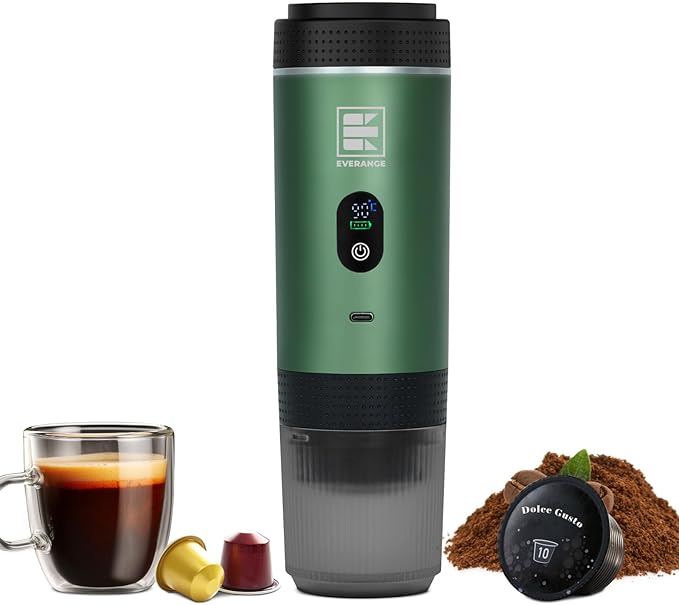 Portable Electric Espresso Machine, Travel Coffee Maker Brewer Compatible with Ground Coffee & NS Capsules (Green with LCD Screen)