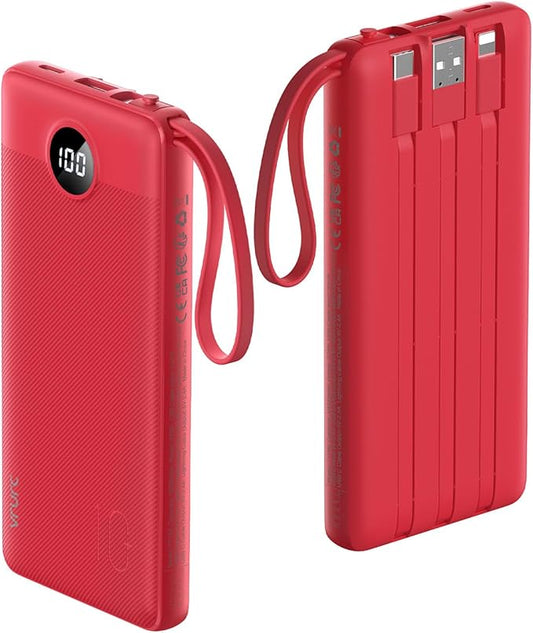 VRURC Portable Charger, 10000mAh Power Bank Built in Cables for iPhone, Slim Compact Travel Essentail, 5 Outputs 2 Inputs USB C Battery Pack for iPhone 16 15 14 13, Samsung, Android etc-Red
