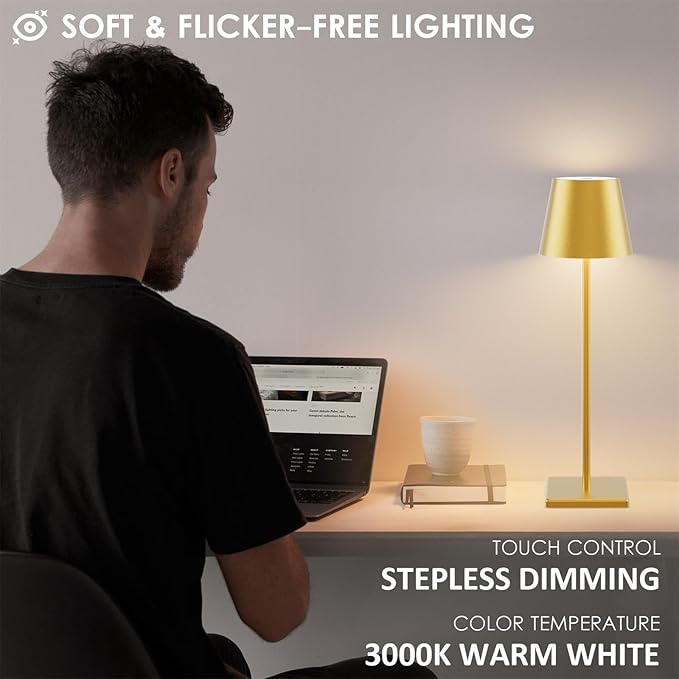 2-Pack LED Cordless Table Lamp 3W 5500mAh Rechargeable Battery Operated Stepless Dimmable Portable Lamp for Restaurant, Bedroom, Outdoor (Gold)