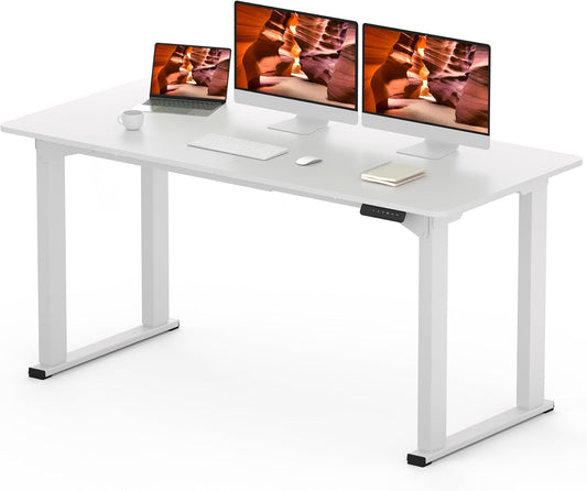 4 Legs Standing Desk, Large 63x28 Inches Electric Adjustable Height Desk with Splice Board, Stand Up Desks Home Office Computer Workstation, White