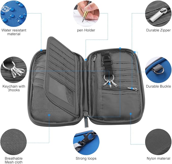 RFID Passport Holder for Family - Large Travel Wallet Holder with Zipper Pocket, Lightweight Portable Document Organizer Passport Card Cover, Blue