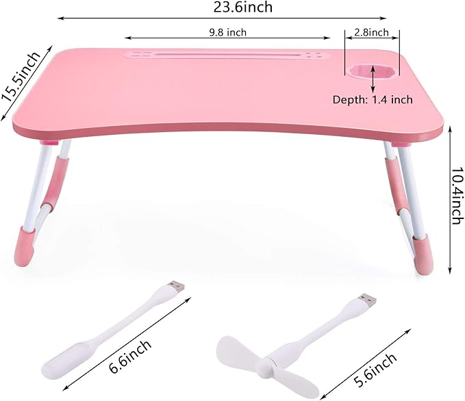 Slendor Lap Desk with Cup Holder, Foldable Laptop Table for Bed, Portable Bed Desk for Laptop and Writing, Computer Tray with Tablet Slot, Notebook Stand Reading Holder for Couch Sofa Floor,Pink