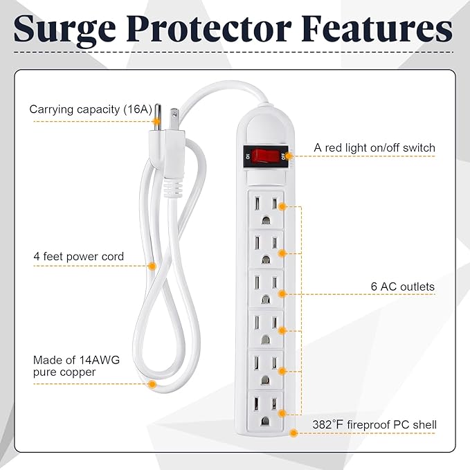 Hoteam 10 Pcs Power Strip Bulk 6 Outlet Surge Protector Power Cord Electrical Extension Cord with Switch Low Profile Plug Flat for Home Office(4 ft,White)