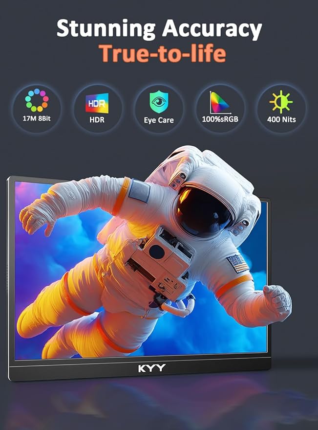 KYY 4K Portable Monitor 15.6" Portable Monitor for Laptop UHD IPS 3840X2160 External Screen with 100% sRGB & HDR Gaming Display for Laptop PS5/4 Xbox Switch with Speakers, VESA Compatible