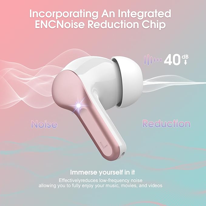 Wireless Earbuds, Bluetooth 5.4 Headphones HiFi Stereo, Bluetooth Earbuds with ENC Noise Cancelling Mic, IP7 Waterproof in Ear Earphones, 48H, LED Display Ear Buds for Pad Phones Workout, Rose Gold