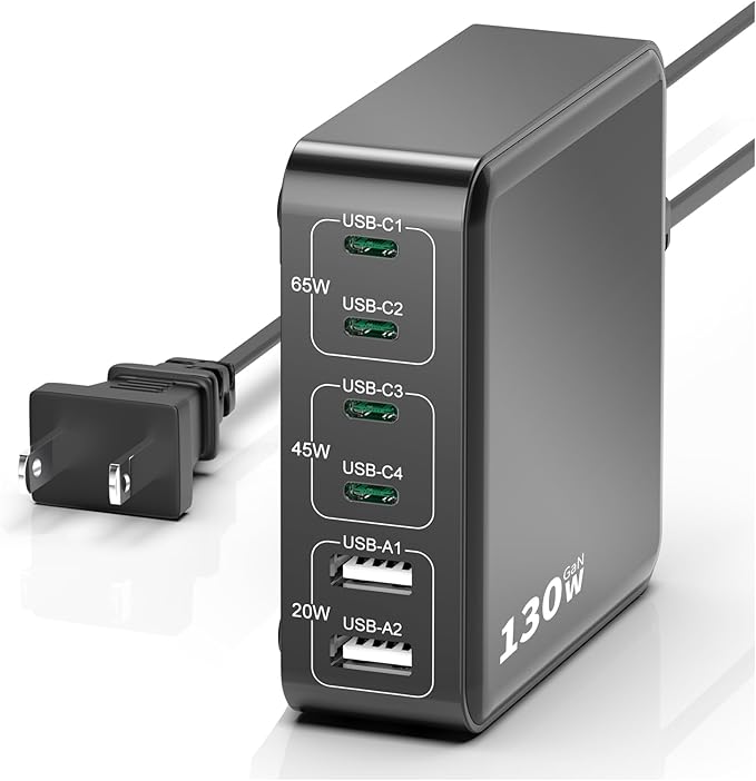 MSTJRY Charging Station for Multiple Devices : 130W 6 Port GaN Fast USB C Charger Station, Compact Multi Port PD 65W 45W Charger for MacBook Pro/Air/iPad iPhone 16 15/14/13/Pro Max/Galaxy