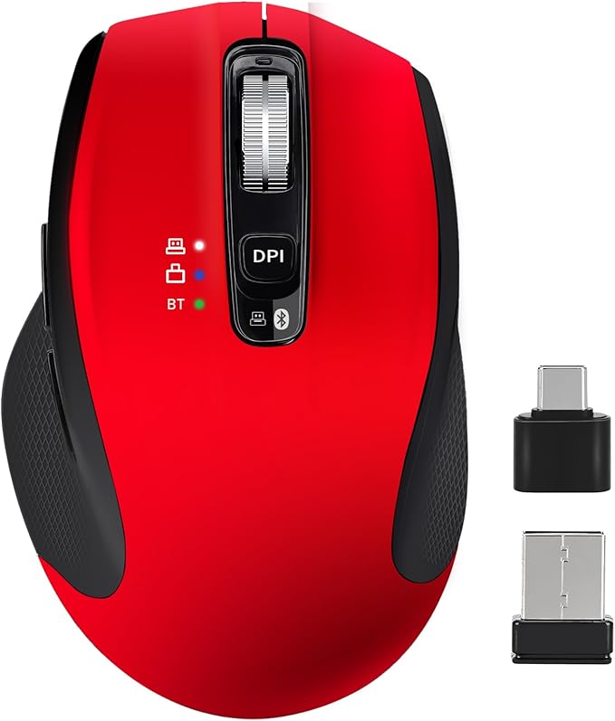 Wireless Bluetooth Mouse with USB A, USB C Receiver, Rechargeable, Multi Device Mouse, Silent, Ergonomic, Full Size, Portable, for iPad/MacBook/PC/Computer/Laptop-Red