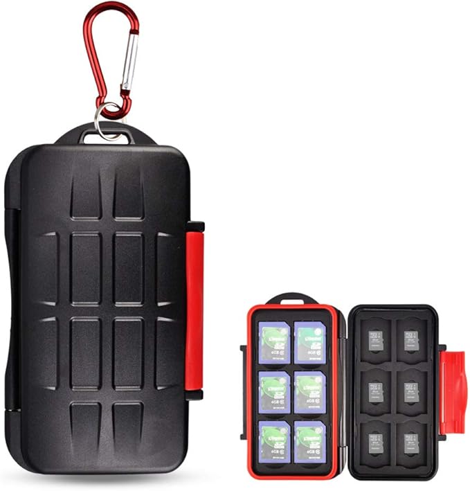 Kiorafoto Professional IPX5 Water-Resistant Anti-Shock Holder Storage SD SDHC SDXC TF MSD Memory Card Case Protector with Carabiner for 12 SD Cards & 12 Micro SD Cards