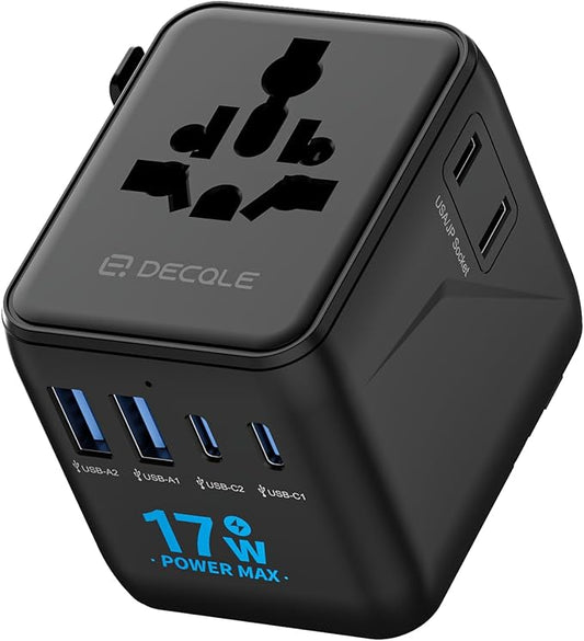Universal Travel Adapter, International Travel Plug Adapter with 2 USB-C ＆ 2 USB-A Ports, with Extra 2 Prong AC Outlet All in One Portable Socket, for USA, UK, EU, AU ＆ 224+ Countries (Black)