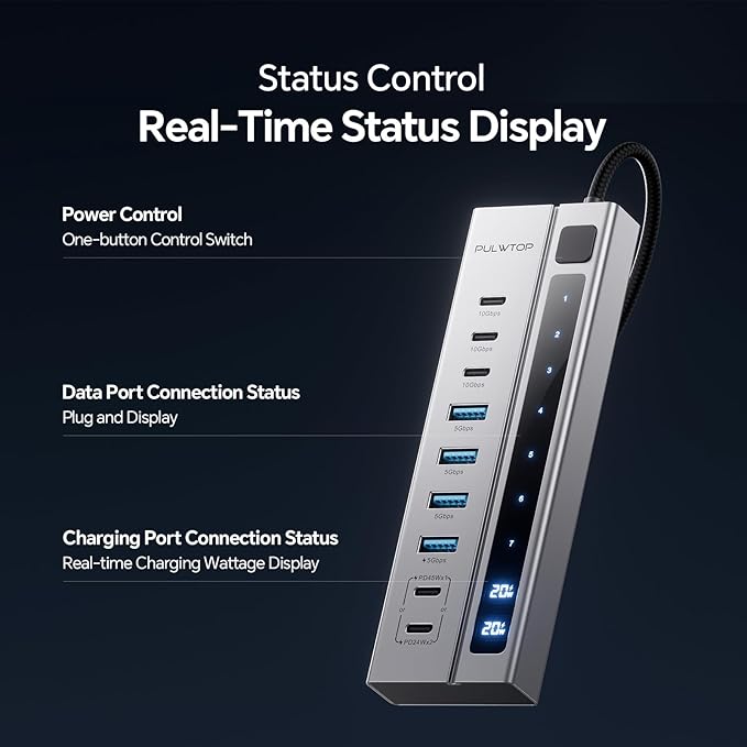 Powered USB C Hub, PULWTOP 9-in-1 USB Hub Support 10Gbps Data&PD 45W Max Charging, USB HUB Adapter for MacBook, iMac, iPad, Phone, and Other Laptops (Not Support Video and Power Adapter Not Included)