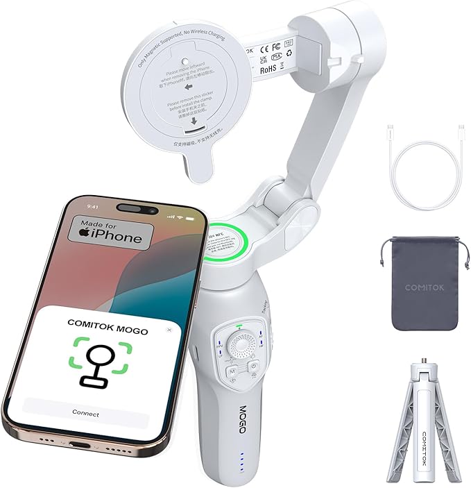 COMITOK MOGO Only for iPhone, Gimbal Stabilizer for iPhone, [MFi Certified] Phone Gimbal with 360 Degree Face Tracking for Video Recording, NFC Pair and Magnetic Mount for iPhone 16 15 Pro Max