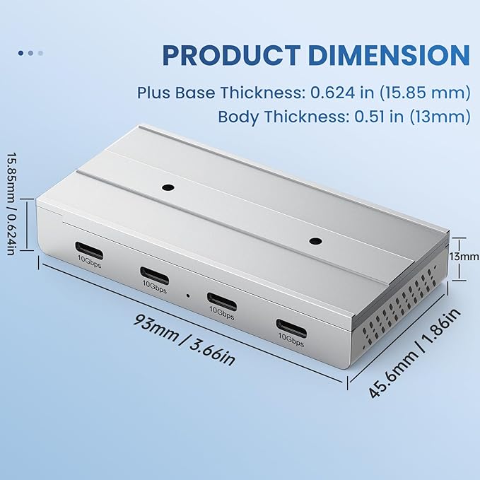 EJAY 10Gbps Magnetic USB-C Hub, 4-Port USB 3.2 Gen2 Data Transfer, Includes Sliding Rail, Screws and Sticky Pads for MacBook Laptop PC, Silver