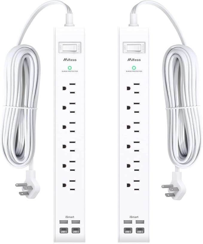 2 Pack Power Strip, 12FT Long Extension Cord, Surge Protector with 6 Outlets and 4 USB Charging Ports(2 USB C), Flat Plug Overload Protection, Wall Mount for Home Office Dorm College