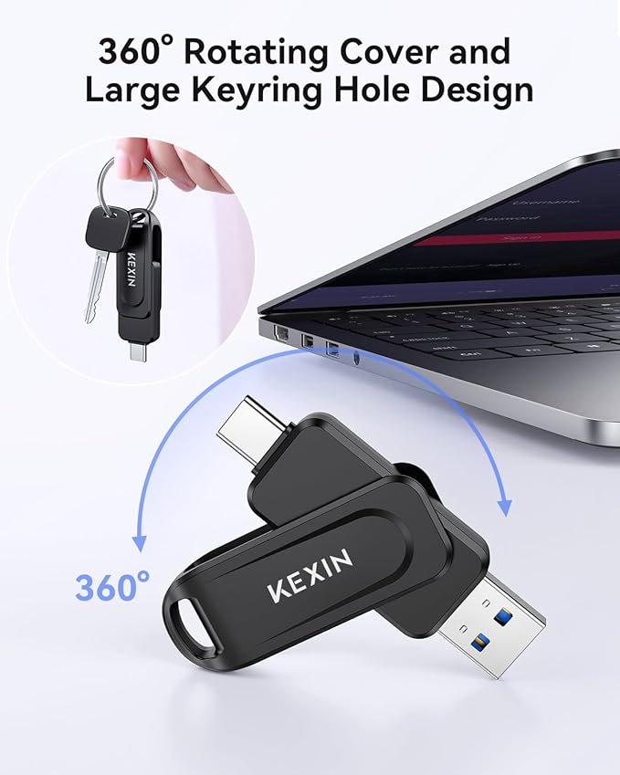 KEXIN 128GB USB C Flash Drive Dual Thumb Drive 100MB/s Swivel USB-A & Type-C USB Drive 3.0 Memory Stick for Smartphone Tablet iPhone 15/16 Car Game Console, 128GB Black