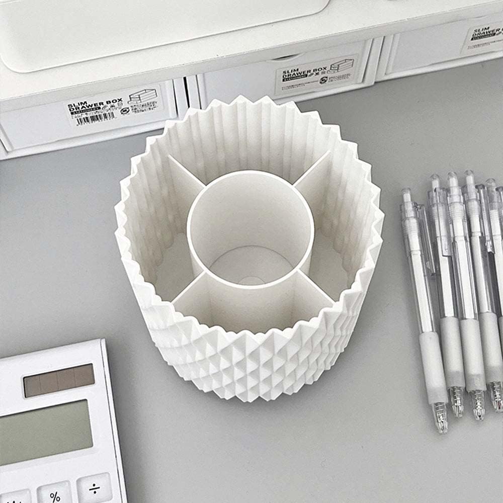 OWLFAVO Rotate Desk Organizer, Spinning Pen Holder Stationery, 360-Degree Pencil Accessories Storage Caddy Tray for College, Home, Office, Makeup Brush, 5 Compartments, White