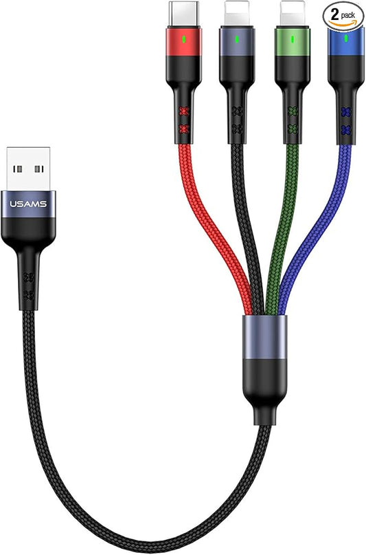 USAMS 2Pack Multi Charging Cable Nylon Braided Short 1FT 4 in 1 USB Charge Cord with Phone Type C Micro USB Connector for Phone/Galaxy and More