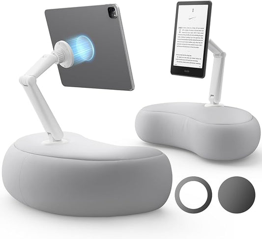 SAIJI Kindle Pillow Stand - Magnetic iPad Stand Compatible with Kindle, Tablet, iPad, iPhone, 360° Tablet Holder for Bed with Ergonomic Pillow and Dual-Jointed Arm, 2 Free Magnetic Sheets (Gray)