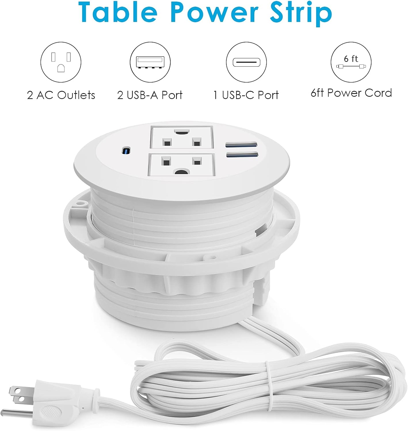 Jgstkcity 2-in-1 Desktop Power Grommet with USB-C Output, 125V, 12A, 2 AC Outlets, 3 USB Charging Ports, White