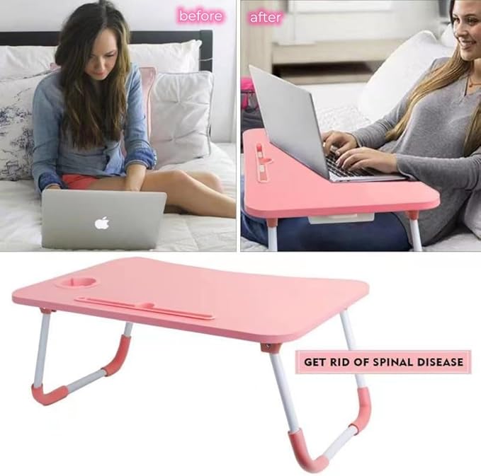 Laptop Desk Foldable Bed Table, Portable Lap Desk Laptop Bed Tray Table with Storage Drawer and Cup Holder, Lap TraysTables Notebook Stand Reading Desks Breakfast Tray for Beds Couch Sofa Floor – Pink