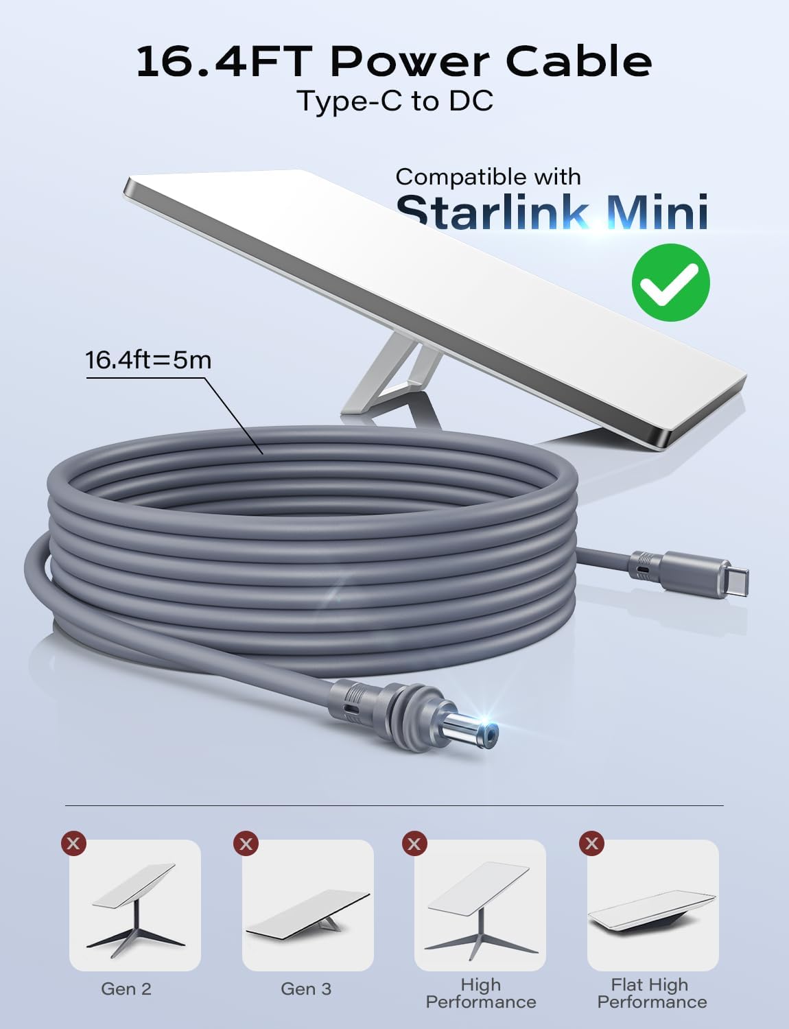 Starlink Mini Cable 16.4FT/5M PD100W Starlink Mini USB C to DC Power Cable Accessories Waterproof 18AWG for Outdoor Travel Work with 100W or 20V PD Source Durable