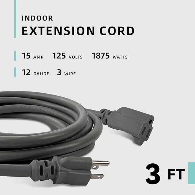 3ft Indoor Extension Cord - 12/3 SJTW Heavy Duty Extension Cable with 3 Prong Grounded Plug for Safety -15Amp 1875W Gray Electric Cord Great for Garden, Appliances