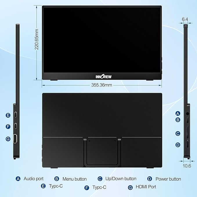 InnoView Portable Monitor 15.6" 1080P Portable Monitors for Laptop with Protective Sleeve Built-in 90° Adjustable Stand USB C HDMI Ultra-Slim Portable Laptop Monitor for MacBook Phone PS Xbox Switch
