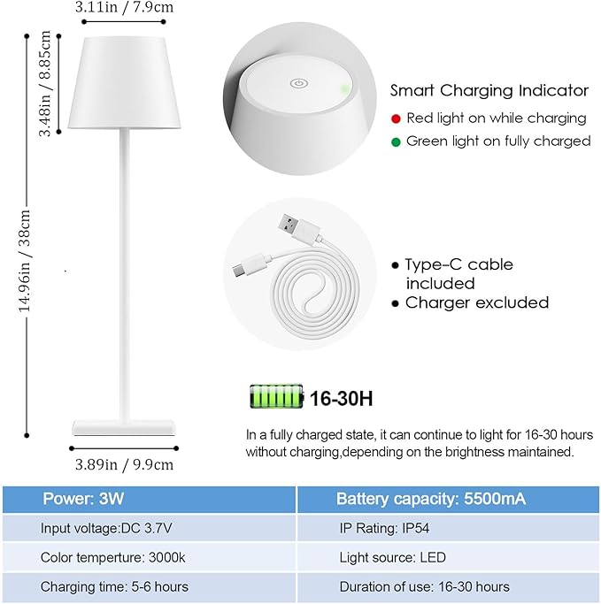2-Pack Rechargeable Table Lamps, LED Cordless Table Lamp, 3W 5500mAh Battery Operated Table Light, Stepless Dimming Portable Table Light Waterproof for Restaurant/Indoor/Outdoor (White)