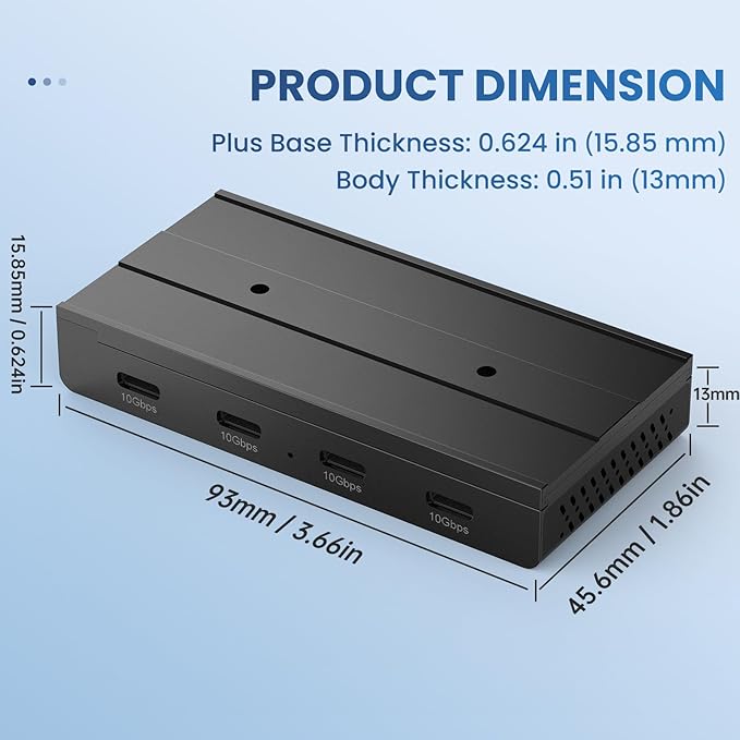 EJAY 10Gbps Magnetic USB-C Hub, 4-Port USB 3.2 Gen2 Data Transfer, Includes Sliding Rail, Screws and Sticky Pads for MacBook Laptop PC, Black