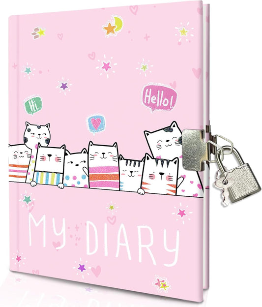 Cat Diary with Lock for Girls, 7x5.25 Inches 160 Lined Pages Secret Kids Diary Cute Cats Journal with Lock and Keys Notebook for Girls Birhtday Gifts for 5-10 Years Old