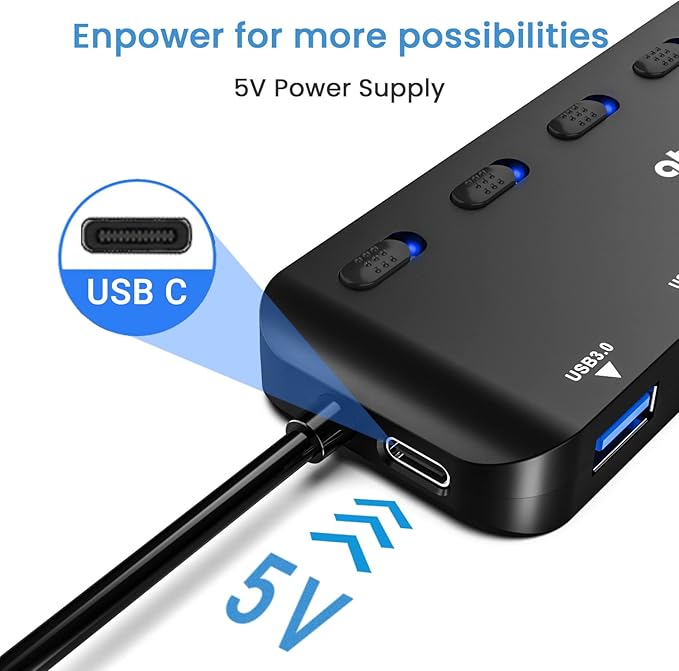 atolla USB 3.0 hub, 7 ports, Multi USB 3.0, SuperSpeed 5 Gbit/s, USB adapter with 7 switches and individual indicators, compatible with Windows, Mac OS, Linux and other operating systems