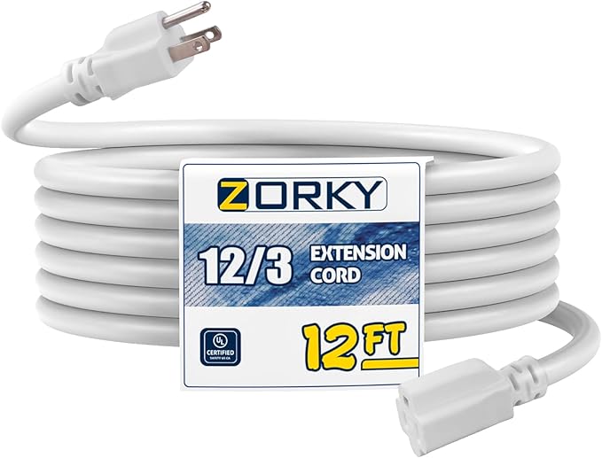 12ft Indoor Outdoor Extension Cord - 12/3 SJTW Heavy Duty Extension Cable with 3 Prong Grounded Plug for Safety -15Amp 1875W White Electric Cord Great for Garden, Appliances
