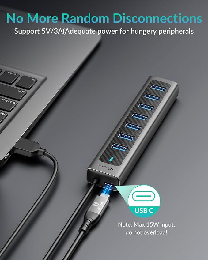 GM7U 7-Port USB 3.0 Hub with 3.3FT Long Cable, Aluminum High-Speed Multi Port Extender for PC Laptop, Desktop Computer, Older Mac, Black Grey