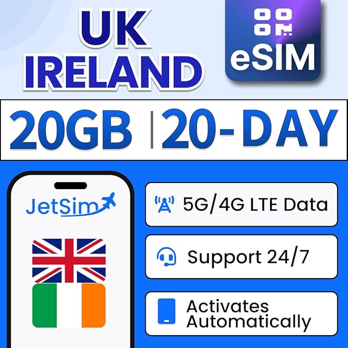 UK & Ireland [eSIM] 20-Days, 20GB High-Speed Data (1GB/Day), Mobile Hotspot & Tethering, Instant Delivery, Auto-Activation, Uses Three UK, Prepaid Virtual SIM Card