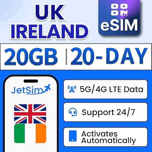 UK & Ireland [eSIM] 20-Days, 20GB High-Speed Data (1GB/Day), Mobile Hotspot & Tethering, Instant Delivery, Auto-Activation, Uses Three UK, Prepaid Virtual SIM Card