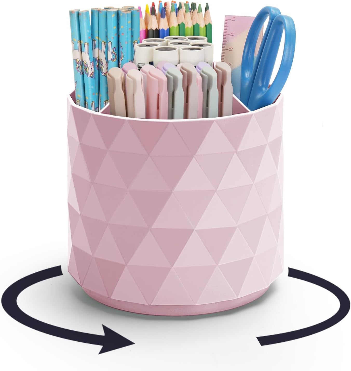 Desk Organizer,Sparkling Diamond-like Pen Holder for Desk 360°Rotating Office Accessories,Pencil Cup with 5 Compartments Storage Box Caddy for Office,School,Home,Art Supply(Pink)