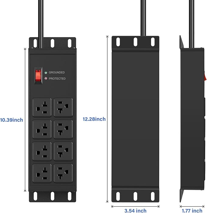 CCCEI Black Heavy Duty Power Strip Surge Protector 20 AMP, 8 Outlets 12 Gauge Industrial Shop Garage Metal Multiple Outlets, 10 FT Extension Cord 5-15P Adapter High Amp 6-20R T-Slot 20a for Appliance