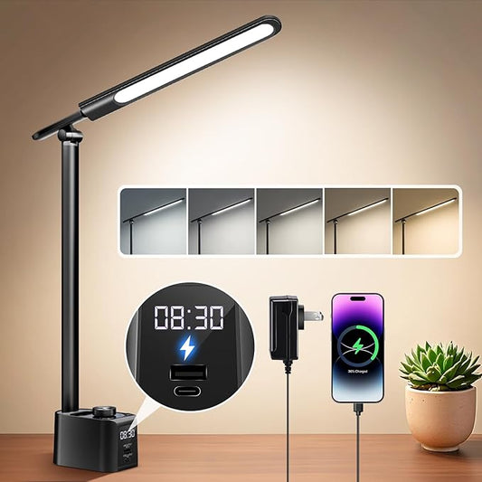 LED Desk Lamp,5 Colors+11 Brightness LED Desk Lamp with USB Charging Port+Clock+Pen Holder,700 Lumen Desk Light Classroom Desk Lamps for Home Office, Bed,Reading,Nail,Craft